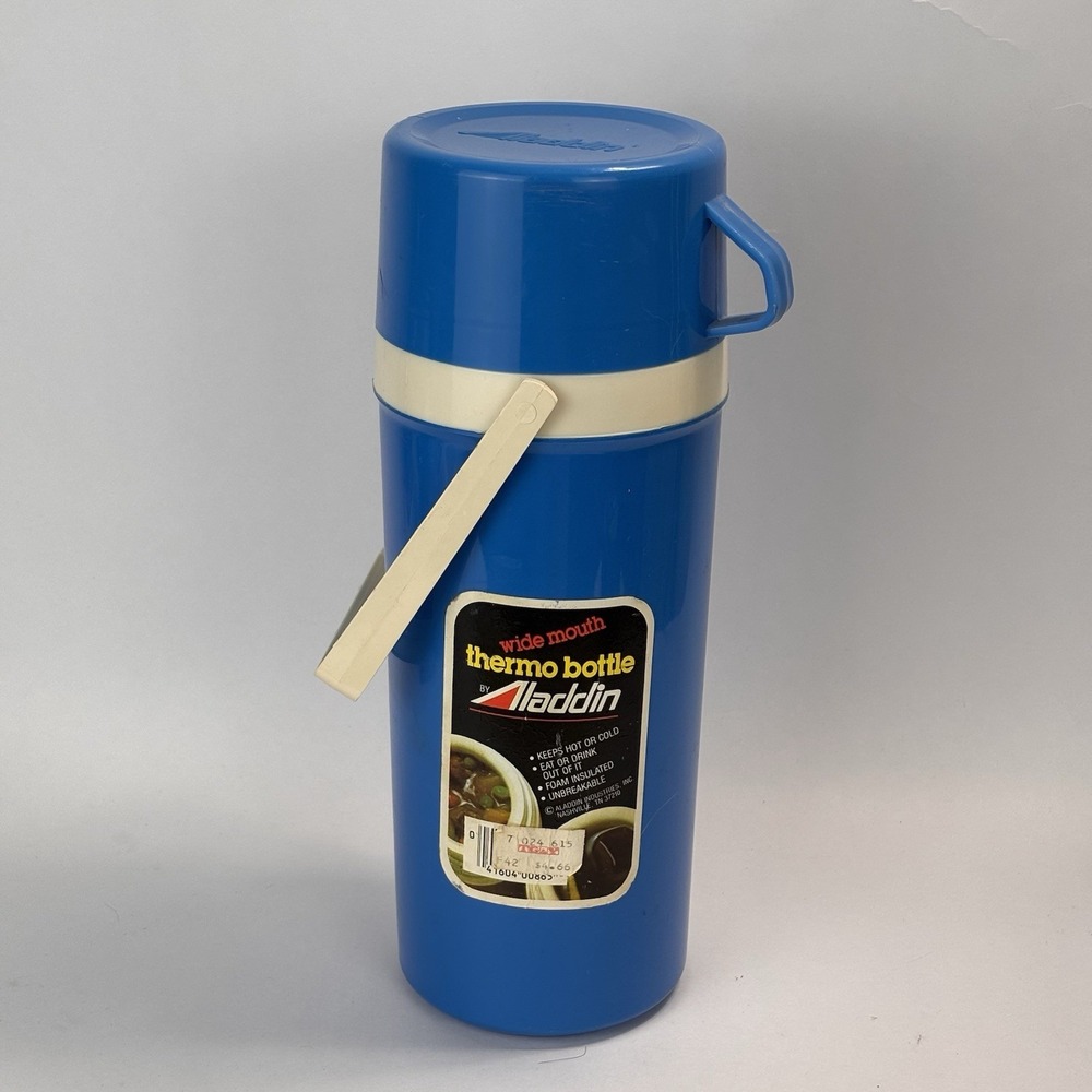 Aladdin Vintage Wide Mouth Thermo Bottle Blue Unbreakable 1 Liter Hot/Cold # 860